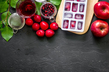 Summer ice fruit drink with apple, pulm and cranberry on black table top view copyspace