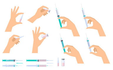 Doctor holds syringes, injectors in his hand to inject vaccine. Nurse holds glass ampoules and vials, phials with drug liquid. Medicine, science and health care flat vector concept illustration set.