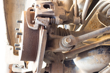 bottom view of the chassis raised on a lift car