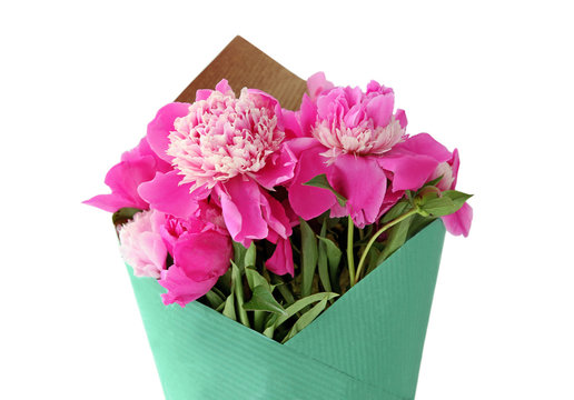 Beautiful bouquet with fragrant peonies on light background