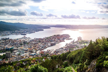 City of Bergen from Mt. Floyen, Norway in sunlights