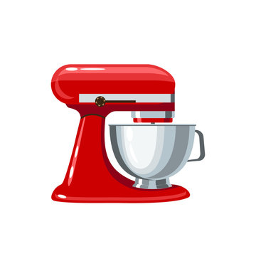 Red stand mixer with metal bowl. Vector illustration flat icon isolated on white.