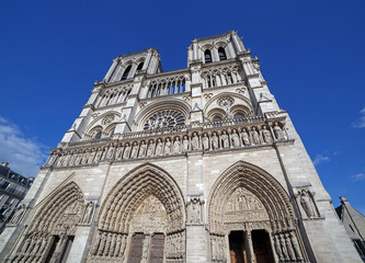 view on front side of Notre-Dame de Paris cathedral in Paris at summer day