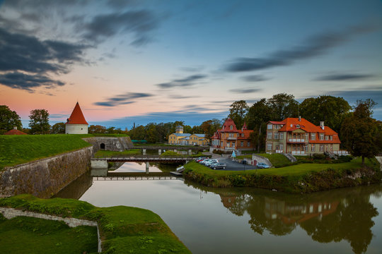 Colorful sunrise over Kuressaare castle, summer time. Saaremaa island, Estonia