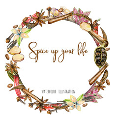 Wreath, circle frame from watercolor spices (cinnamon, anise, caraway, cardamom, basil, red pepper, ginger, vanilla and cloves), hand drawn on a white background