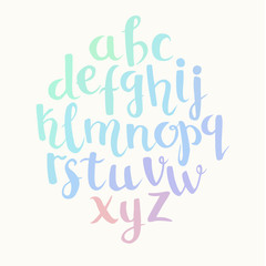 Lettering latin alphabet. Hand drawn brush painted letters. Abc calligraphy. Holographic colors letters for you text or logo. Isolated on white background
