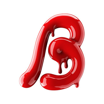 Leaky red alphabet isolated on white background. Handwritten cursive letter B.