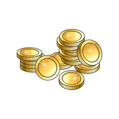 Pile, heap of shiny blank, unlabeled gold coins, sketch vector illustration isolated on white background. Realistic hand drawing of blank, unlabeled golden coins stacked in pile, money symbol