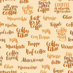 Coffee quote and menu typography vector seamless background. Coloring hand written lettering pattern