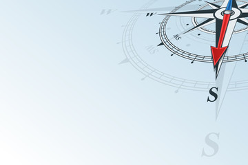 Compass south. Compass with wind rose, the arrow points to the south. Compass on a blue background. Compass illustrations can be used as background. Flat background with copy space place.