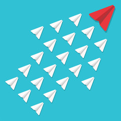 Leadership concept. Red paper plane leading white airplanes. Success, winner abstract vector illustration.