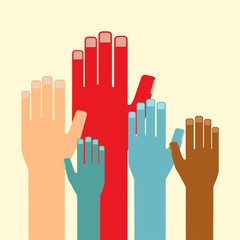 Leadership concept. Multicolored hands up. Vector illustration.