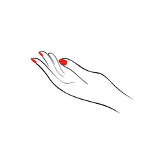 Female hand with red nails, manicure. Fashion saloon logotype. Vector illustration. White background