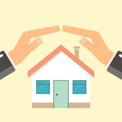 Concept of insurance and protection, security. Hands of agent protect house. Flat vector illustration.