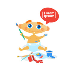 Cute Baby Boy Painting Toddler Happy Cartoon Infant In Diaper Flat Vector Illustration
