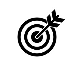 Target and arrow icon. Perfect shot with arrow in bull's eye of archery or dart target. Vector Illustration