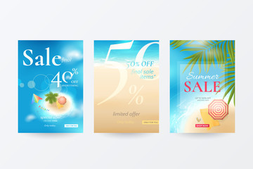 Vector set of banners for summer sale with top view of tropical island, beach, sea, waves, palm tree, kite, umbrella, towel and flip flops. Template for discount offers with travel background.
