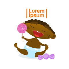 Cute African American Baby Boy Eating Candies Toddler Happy Cartoon Infant In Diaper Flat Vector Illustration