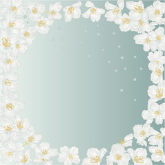 Frame spring blue background with blossoms jasmine  and  dewdrops vintage  vector botanical illustration  editable hand draw