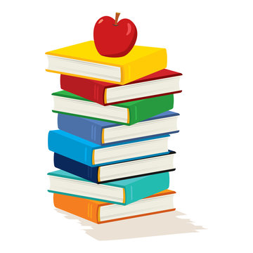 Stack of books with apple on white background