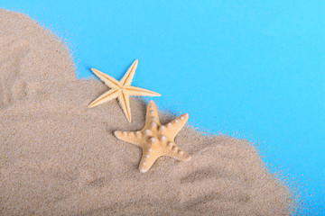 two yellow starfish on sand