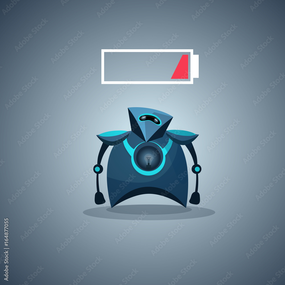 Poster modern robot low battery charge artificial intelligence futuristic mechanism technology vector illus