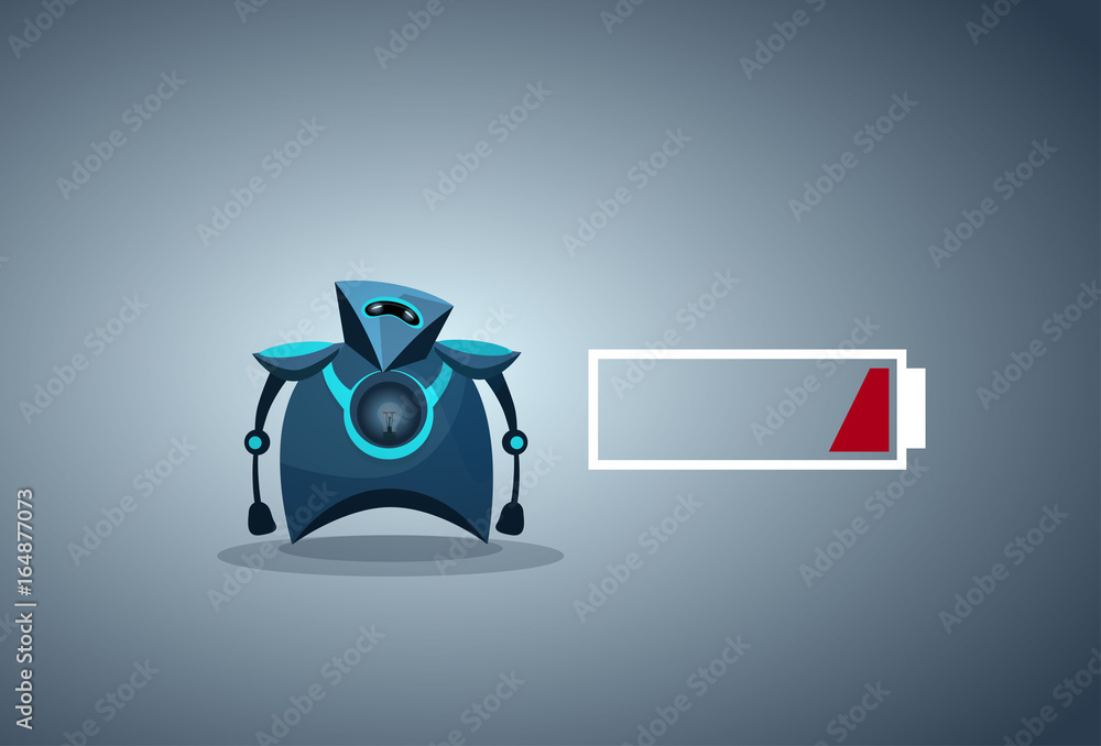 Poster modern robot low battery charge artificial intelligence futuristic mechanism technology vector illus