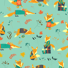 Cute foxes seamless pattern with autumn leaves