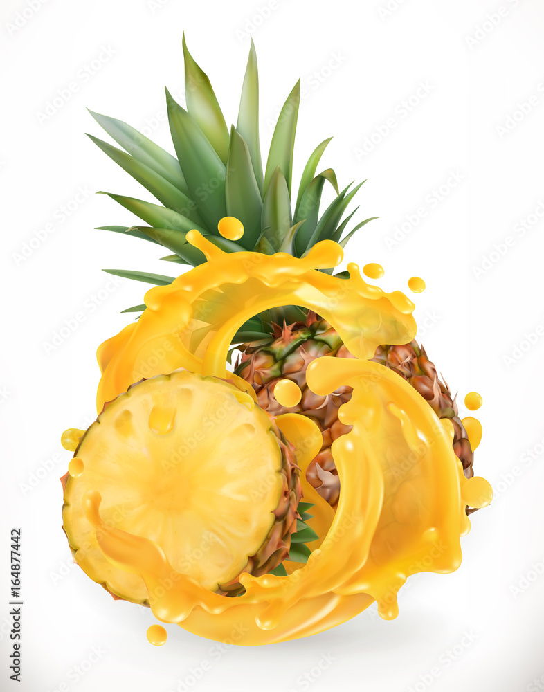 Wall mural pineapple juice. fresh fruit. 3d realism, vector icon