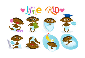 Cute African American Baby Boy Set Toddler Happy Cartoon Infant In Diaper Collection Flat Vector Illustration