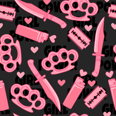 Girl Power. Seamless pattern with lighter, hearts, razor, knife and brass knuckles. Dark fashion background. 