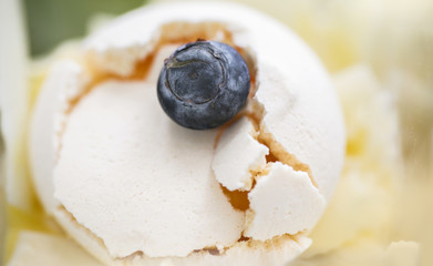 Top view of Lemon and Passion Fruit Eton Mess, Lemon curd sauce, passion fruit mousse, Belgian...