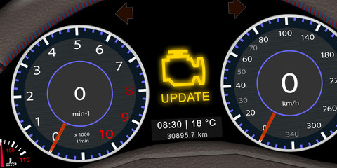 Fototapeta premium ps_13 ProgrammingScreen - german - Auto Armaturenbrett / Kombiinstrument mit der Anzeige - Update - english - display message - software update - self-driving car illustration - 2to1 - g5309