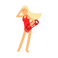 Lifeguard girl character in a red swimsuit holding life preserver buoy and looking into the distance vector Illustration
