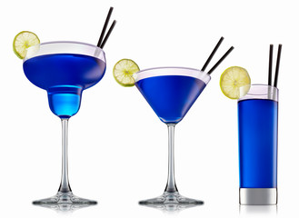 fresh fruit alcohol cocktail or mocktail in classic glass with blue beverage isolated on white background
