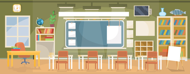 Vector flat illustration of an empty classroom in a school, university, college, institute with a blackboard, desks, chairs, bookshelves and empty banners for text