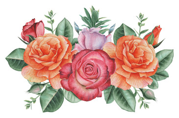 Hand painted watercolor charming combination of Flowers and Leaves, isolated on white background