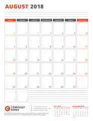 Calendar Template for 2018 Year. August. Business Planner 2018 Template. Stationery Design. Week starts on Sunday. Vector Illustration