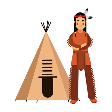 Native american indian in traditional costume standing near his wigwam or teepee vector Illustration