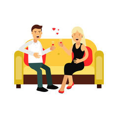 Young couple in love sitting on a sofa vector Illustration