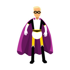Young man in classic superhero costume and a purple cape vector Illustration