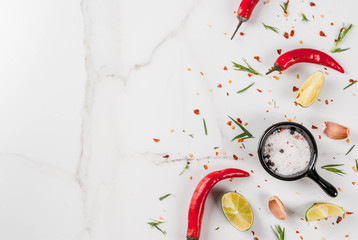 Cooking food background, White marble table with spices - hot red pepper, seasonings, garlic, salt, greens, tarragon, parsley, herbs, lime lemon, top view copy space