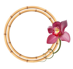 Реалистичная орхидея, круглая рамка из бамбука.