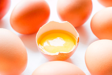 Chicken eggs and yolk closeup