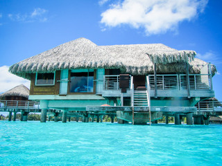 A view of your new water stilt hut in Bora Bora, a beautiful island part of the French Polynesia