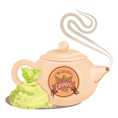 Chinese Matcha tea elements. Chinese teapot with green tea leaves and matcha powder. Vector contain bage (badge) developed for company style. Isometric style. Suitable for logo. Isolated on white