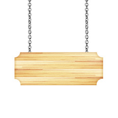 Wooden sign hanging on a chain isolated on white background