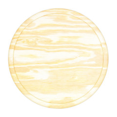 round wooden plate top view on white background