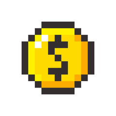 Pixel art golden coin dollar retro video game