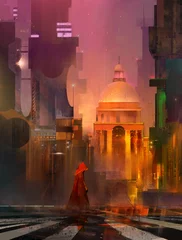 Selbstklebende Fototapeten Hochrot gezeichnet mit Cyberpunk-Stadt  © khius